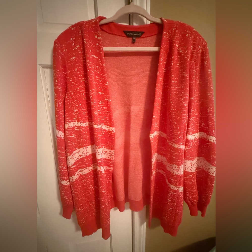 Ming Wang Red and White Cardigan Sweater